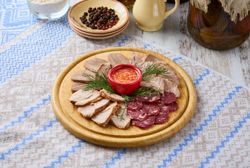 Rustic Meat Platter with Veal Tongue on Wooden Plate - Rich Color Palette and Elegant Composition