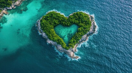 Heart-shaped island aerial view, ocean lagoon