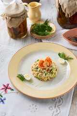Gourmet Shrimp Olivier Salad on Rustic Table Setting with Soft Natural Lighting