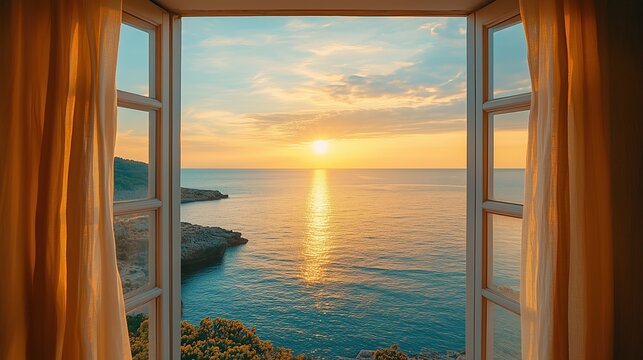 Fototapeta Romantic view of a seaside sunset seen from an open window