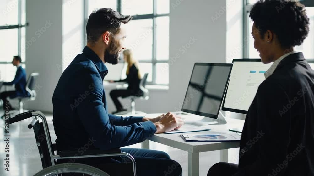 Aufkleber Office worker with a disability using a wheelchair working on a computer and discussing with a colleague in a bright and modern office in slow motion