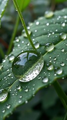 Macro capture of dew drops on leaf surface with reflective water sphere