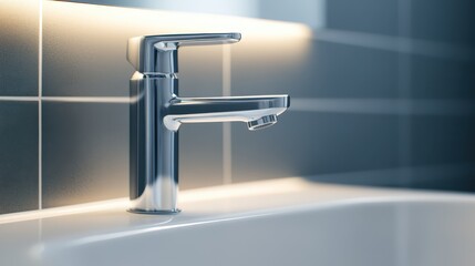 A stylish chrome faucet is installed in a contemporary bathroom, showcasing clean lines and a polished finish, illuminated by ambient light on tiled walls