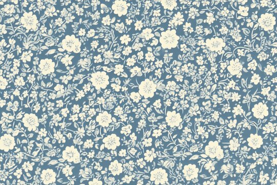 A blue and white floral print. Vintage floral pattern with small white flowers and leaves on a turquoise background, a seamless vector fabric texture design for textile print