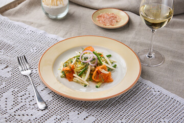 Elegant Salmon Salad with Tofu and Vegetables in Natural Light