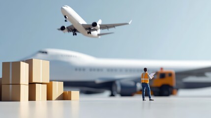 A cargo worker in a safety vest monitors the loading of boxes as a plane takes off in the background. The setting is a busy airport with ground vehicles present