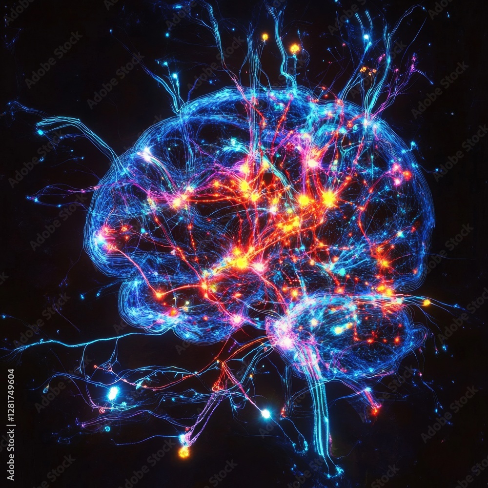 Aufkleber Illuminated Neural Network: Abstract Brain Representation with Glowing Synapses and Connections in Dark Space