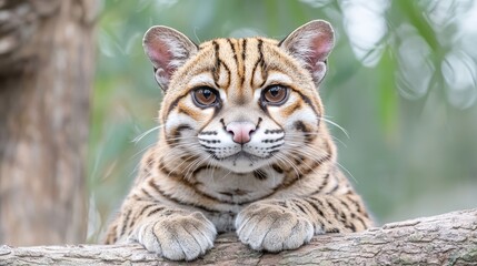 Obraz premium Ocelot resting on a tree branch in a lush forest during daytime, looking directly at the camera.