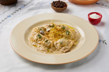 Creamy Mushroom Dumplings Elegant Culinary Delight with Rich Tones and Balanced Composition