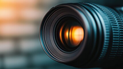 A close-up view of a camera lens reveals its intricate design and textures. Soft warm light enhances the focus on the glass, creating an inviting atmosphere for photography enthusiasts