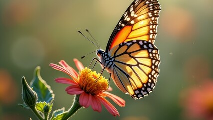 Obraz premium Monarch butterfly on vibrant flower with sunlit wings in natural setting