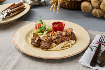 Lamb Skewers with Fresh Vegetables Warm Tones and Rustic Composition