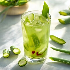 Refreshing Aloe Vera Drink: A Healthy Beverage with Ice and Sliced Leaves on a Bright Surface