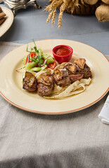 Lamb Skewers with Fresh Vegetables Rustic Gourmet Delight with Rich Colors and Natural Lighting