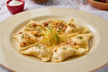 Delicious Dumplings with Potato and Bacon Rustic Presentation with Warm, Earthy Tones