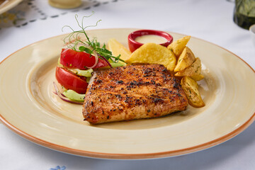 Grilled Trout with Baked Potatoes and Vegetable Salad in Vibrant Culinary Display