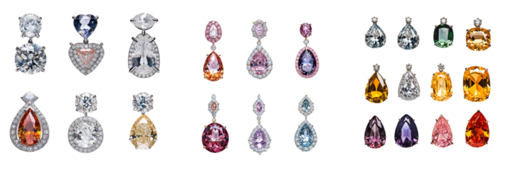 Set of Close-up shot of a pair of elegant Idyllia drop earrings with blue heart-shaped gemstones on transparent png background. Ai generated