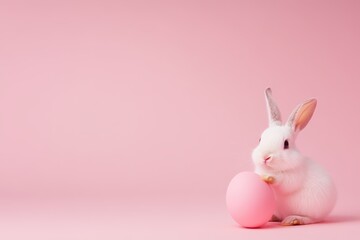 Obraz premium A small white rabbit is positioned next to a pastel pink egg, creating a playful and cheerful atmosphere perfect for spring celebrations like Easter
