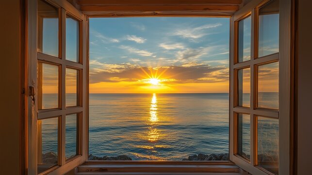 Fototapeta Romantic view of a seaside sunset seen from an open window