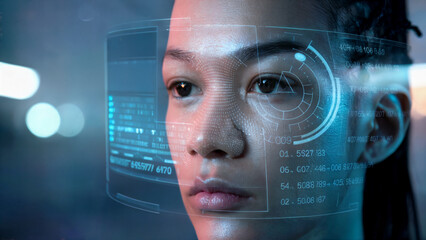 Futuristic Interface Over Person's Face in Night City