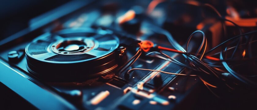 A close-up of vintage audio equipment components, glowing softly in warm, ambient light, exuding nostalgia and tech allure.