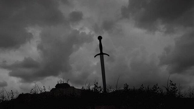 A Medieval Sword Stuck in the Ground in a Middle of a Winter Field