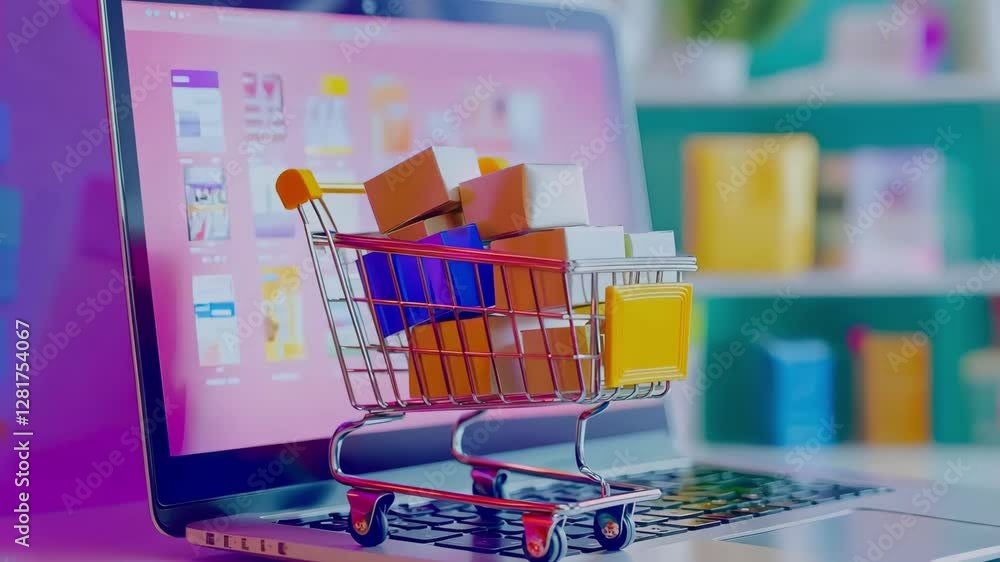 Poster a shopping cart filled with boxes is positioned in front of a laptop displaying a colorful and organ