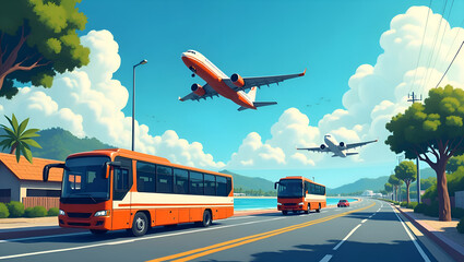 illustration of city bus on highway and low flying plane in clear sky heading in one direction. Ai generated image