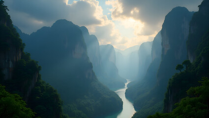 mountain landscape with fog. beautiful sunrise. Ai generated image