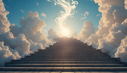 a large staircase curved upwards and at the end was covered by a wisp of dazzling white light. The sky and clouds around it were endlessly visible. Ai generated image