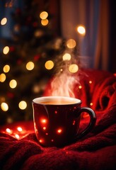 Obraz premium cozy mug filled steaming hot beverage surrounded soft textiles warm lighting comfy visual experience, coffee, cup, warmth, drink, refreshment, home, indoor