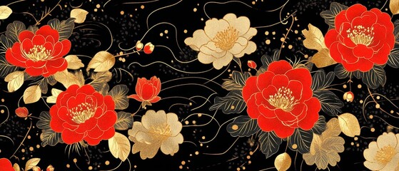 Luxurious kimono pattern with golden peonies and intricate karakusa vine designs, symbolizing prosperity