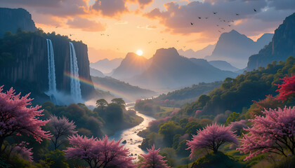 An epic view of nature full of color and harmony. A giant waterfall falls from a height, breaking the sunlight into a spectacular rainbow that circles the green valley. Ai generated images