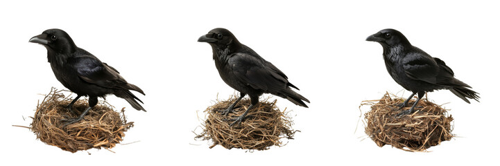 Set of "Close-up portrait of an American crow sitting on an invisible surface against a pure on transparent png background. Ai generated