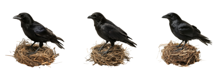 Set of "Close-up portrait of an American crow sitting on an invisible surface against a pure on transparent png background. Ai generated