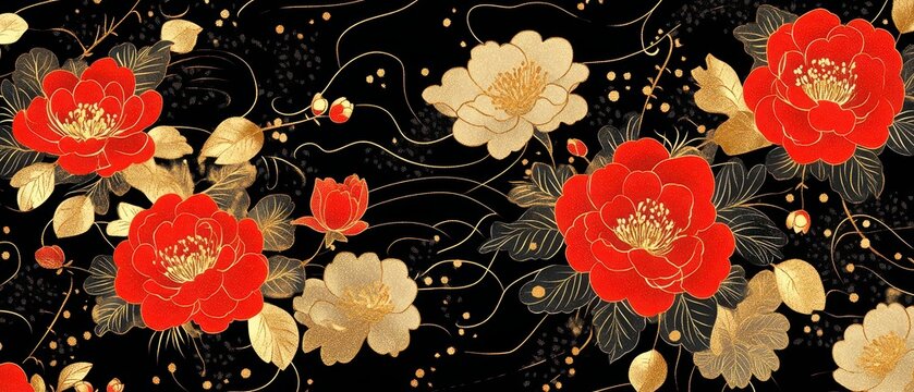 Luxurious kimono pattern with golden peonies and intricate karakusa vine designs, symbolizing prosperity