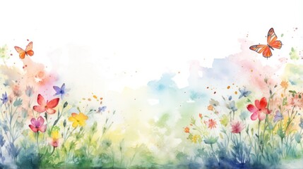 Watercolor Spring Garden with Colorful Butterflies Meadow and Wildflowers. Nature Illustration, Floral Art, Butterfly Painting, Botanical Print