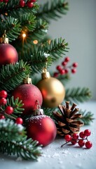 Festive winter scene with ornaments, pine cones, and berries , berries, holiday