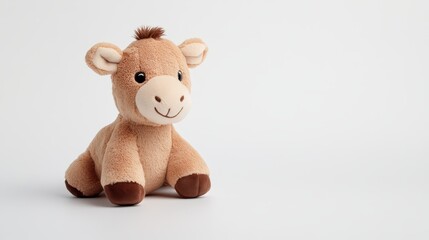 Fototapeta premium A plush horse toy sits on a smooth surface, showcasing its friendly smile and soft texture. Ideal for children's playtime, it offers comfort and companionship during adventures