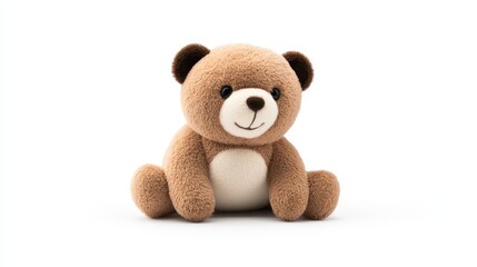 A soft teddy bear is sitting upright against a plain white background, highlighting its friendly face and cozy texture. This adorable toy invites hugs and companionship