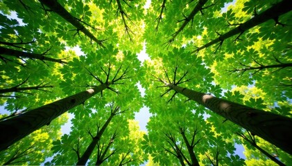 Obraz premium Beech tree canopy, fresh spring growth, viewed from below, intricate branch pattern , sunlight, leaf