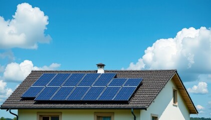 Fototapeta premium Blue sky partially clouded over a home featuring solar panels on its slanted roof, energy, dwelling