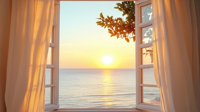 Fototapeta Romantic view of a seaside sunset seen from an open window