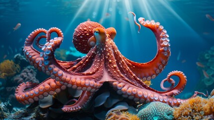 Octopus in Vibrant Underwater Coral Reef Habitat