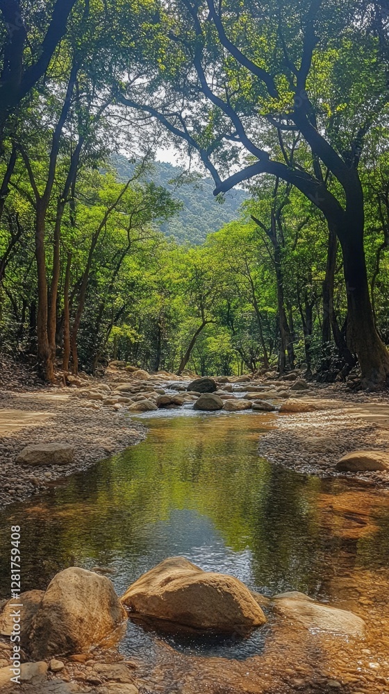 Aufkleber tranquil forest stream with sunlight filtering through lush green trees and rocks creating a peacefu