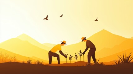 Two farmers work diligently in a field during sunset, planting young seedlings against a backdrop of mountains. Birds soar gracefully above in the warm evening light