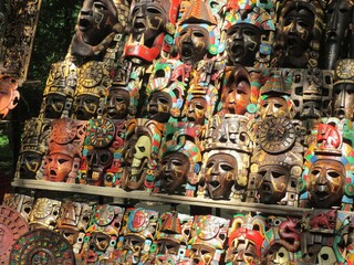 Wooden masks on display