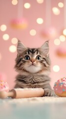 A fluffy brown kitten sits on the table with rolling pin and donuts, looking curiously at the camera. Colorful sprinkles and pink bokeh lights create a festive atmosphere