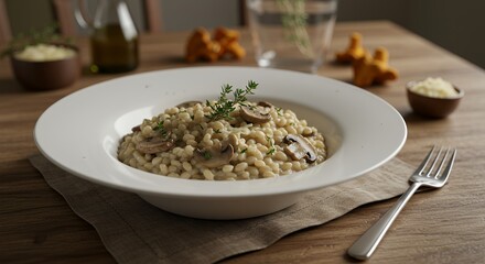 Mushroom Risotto with Fresh Thyme Garnishment Served on Wooden Table