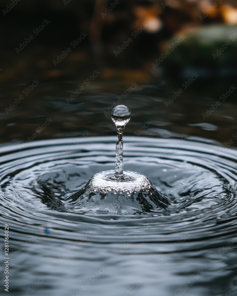 Poster captivating water drop collision creating ripples in a dark pond surface reflecting nature serene mo